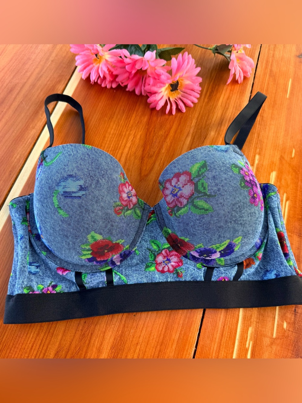 Parade Floral Denim-Print Longline Pushup Bra - Blue NWOT Size XL 38D